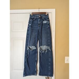 American Eagle Super High Rise Baggy Wide Leg Jeans Distressed Ripped Size 000